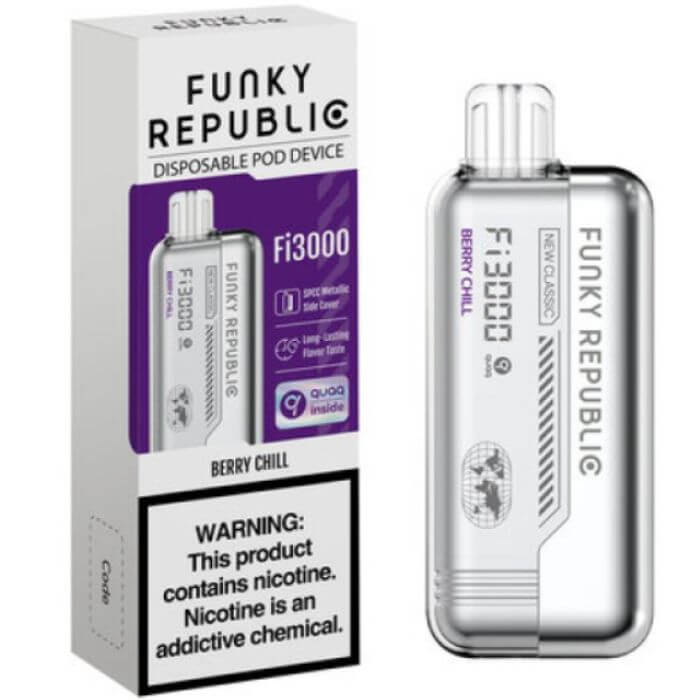 Experience the Berry Chill Funky Republic Fi3000 and indulge in its irresistible flavors. Whether you're a seasoned vaper or new to the world of disposable vapes, this device is sure to impress with its delicious taste and reliable performance. Get ready to take your vaping experience to new heights with Funky Republic's latest creation.